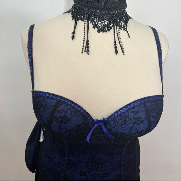 NWT Baci Blue/Black Corset with Garter Belt‎ and Thong Panties - 3X (16-20) - Picture 6 of 16